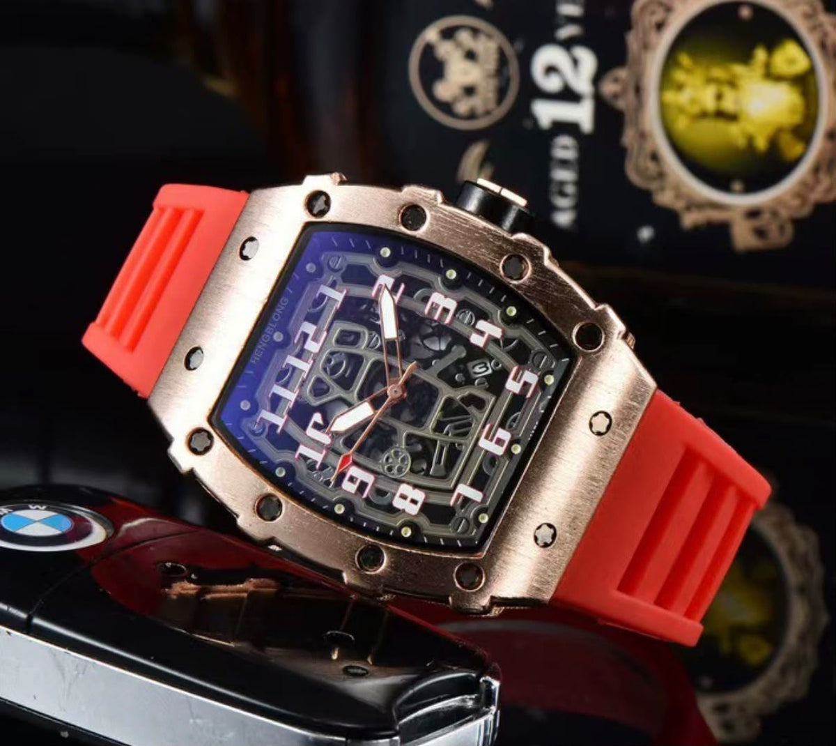 RM – Gehäuse Roségold, Silikonband Rot