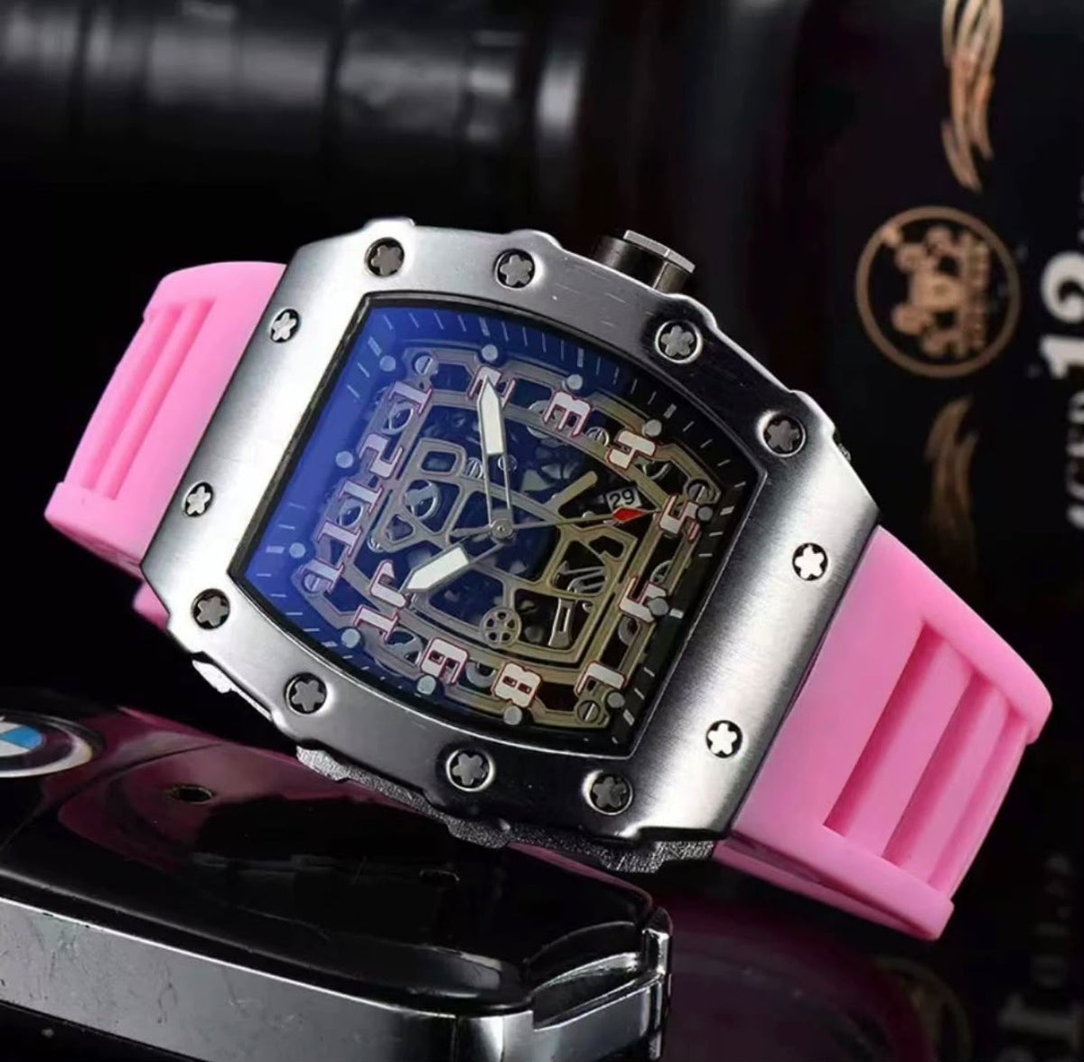 RM – Gehäuse Silber, Silikonband Pink