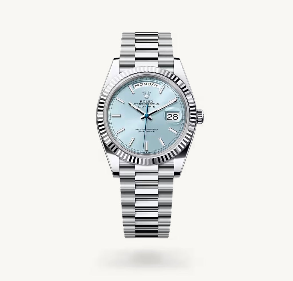 Roli Day-Date, Platin, eisblaues Zifferblatt
