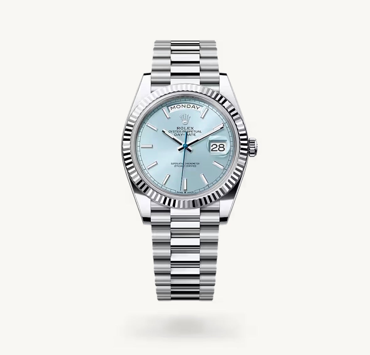Roli Day-Date, Platin, eisblaues Zifferblatt