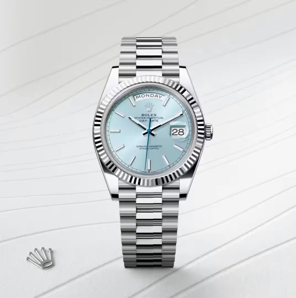 Roli Day-Date, Platin, eisblaues Zifferblatt
