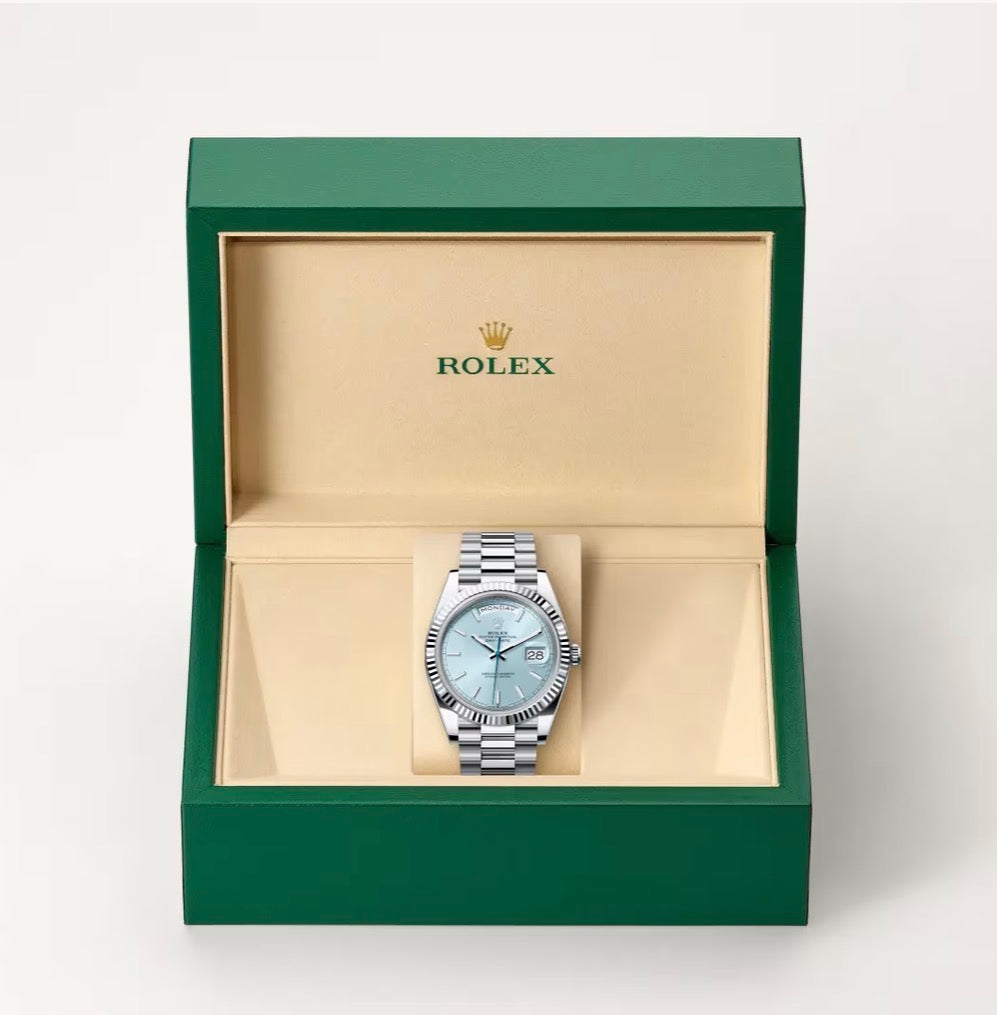 Roli Day-Date, Platin, eisblaues Zifferblatt