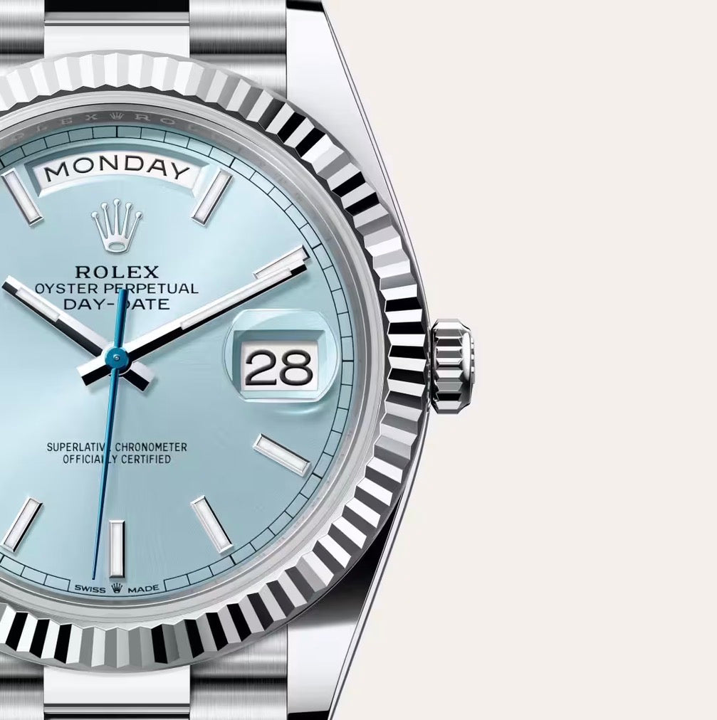 Roli Day-Date, Platin, eisblaues Zifferblatt