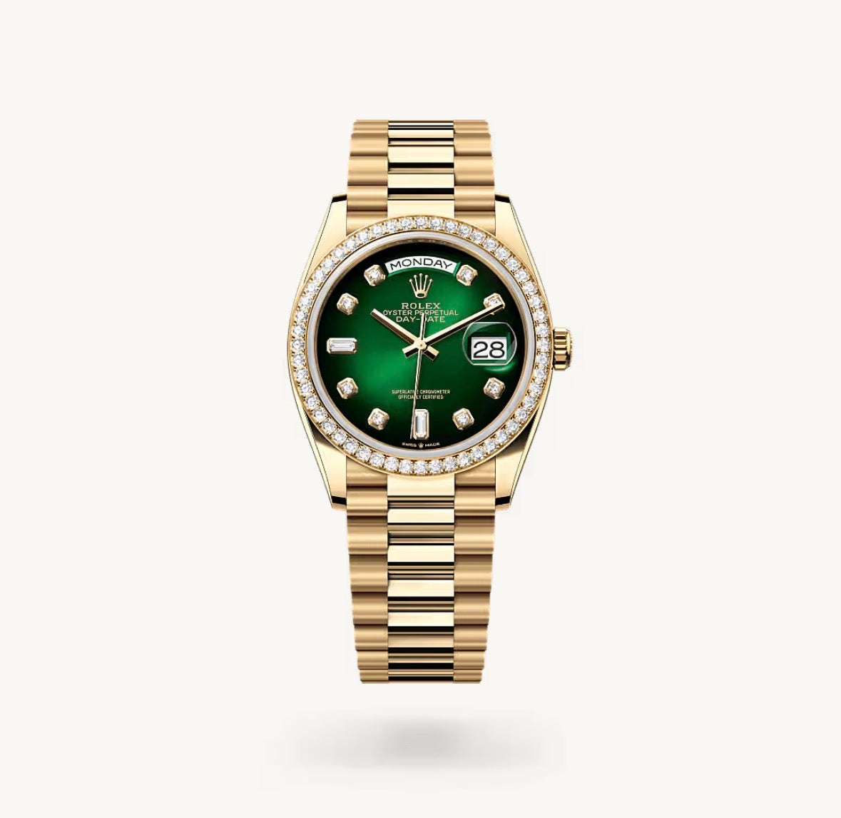 Roli Day-Date, Gelbgold, grün mit Diamant-Lünette